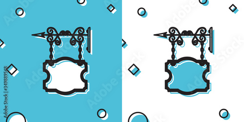 Black Vintage street signboard hanging on forged brackets icon isolated on blue and white background. Suitable for advertisements bar, cafe, pub, restaurant. Random dynamic shapes. Vector Illustration