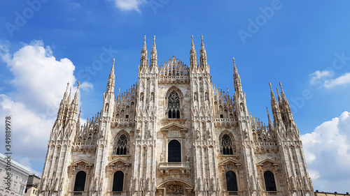 View of the exterior of the Milan Cathedral (Duomo di Milano) in Milan, Italy. It is dedicated to the Nativity of St Mary (Santa Maria Nascente).