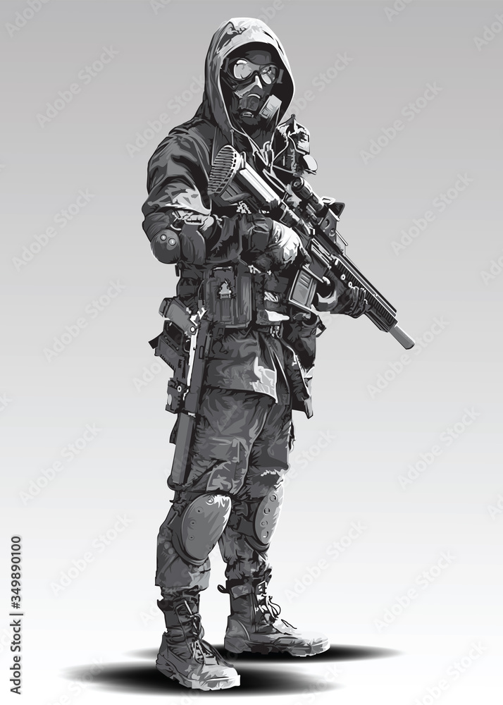 Vector Policeman Tactical Shoot Illustration. Armed police military preparing to shoot with automatic rifle.