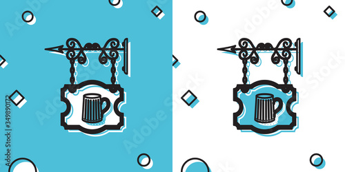 Black Street signboard hanging on forged brackets with wooden mug of beer icon on blue and white background. Suitable for bar, tavern, cafe, pub, restaurant. Random dynamic shapes. Vector Illustration