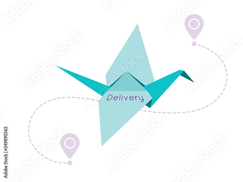 Illustration of the concept of contactless delivery. A crane made by origami