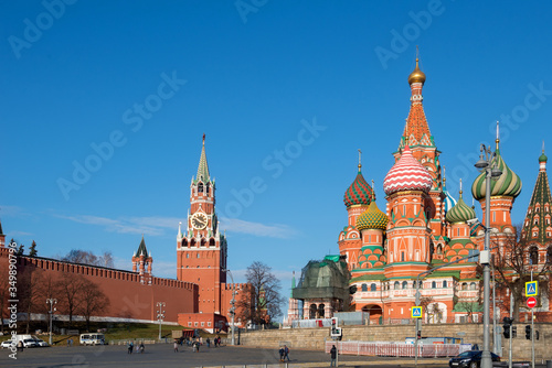 MOSCOW, RUSSIA - FEBRUARY 22, 2020: View of St. Basil's Cathedral, Spasskaya tower of the KREMLIN and Vasilyevsky Descent from Zaryadye Park
