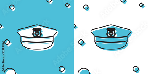Black Police cap with cockade icon isolated on blue and white background. Police hat sign. Random dynamic shapes. Vector Illustration