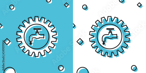 Black Gearwheel with tap icon isolated on blue and white background. Plumbing work symbol. Random dynamic shapes. Vector Illustration