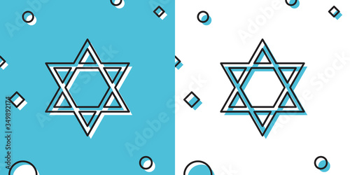 Black Star of David icon isolated on blue and white background. Jewish religion symbol. Random dynamic shapes. Vector Illustration