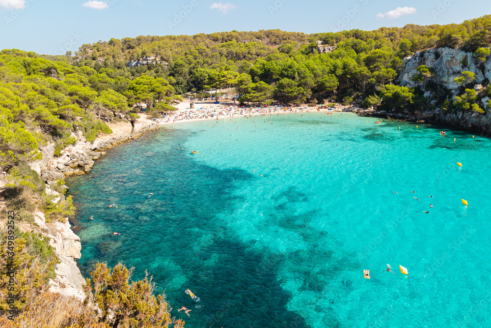 panoramic views of beautiful beach. Cala macarella in menorca. Paradise beach with turquoise water (balearic islands, spain)