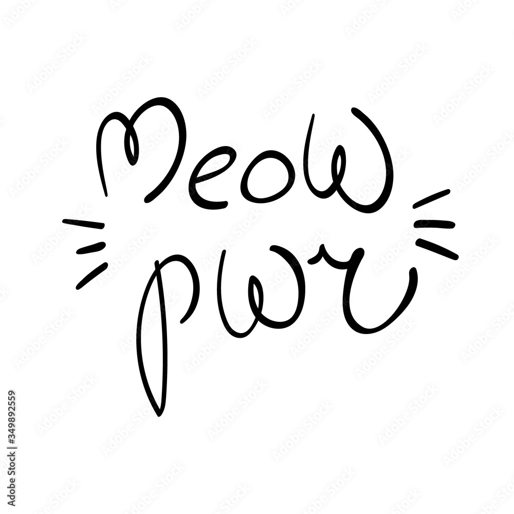 Meow power lettering with whiskers on white background. Kitten sound type. Vector illustration. Meow power lettering with whiskers on white background. Kitten sound type. Vector illustration.