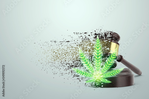 Judge's gavel, cannabis leaf marijuana, a consumer symbol of cannabis and court. The concept of the prohibition of legalization of marijuana, criminal liability, the legality of medical cannabis.