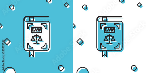 Black Law book statute book with scales of justice icon isolated on blue and white background. Random dynamic shapes. Vector Illustration