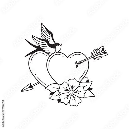 Old school tattoo emblem label with arrow swallow heart and flower symbols. Traditional tattooing style ink.