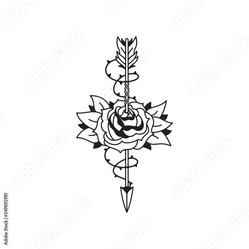 Old school tattoo emblem label with arrow rose and barbed wire symbols. Traditional tattooing style ink.