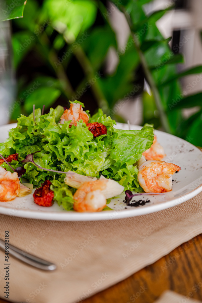 light healthy salad of fresh vegetables and shrimp. Photo in the interior light healthy salad of fresh vegetables and shrimp. Photo in the interior