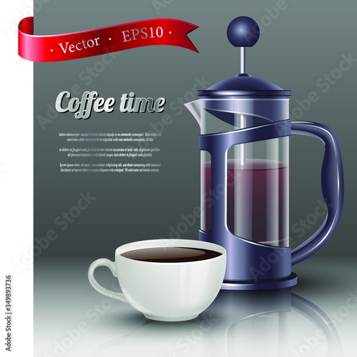 Vector 3d realistic icon illustration of french press coffee with white mug. Isolated on grey background.