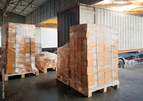 Packaging Boxes Wrapped Plastic Film on Pallet Loading into Shipping Cargo Container. Supply Chain. Trucks Parked Loading at Dock Warehouse. Shipment Logistics. Cargo Freight Truck Transport.	