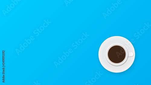 Coffee cup on blue background. Flat lay, top view, copy space. Vector illustration