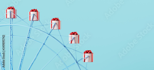 Merry Christmas and happy new year web banner. Gifts for special and happiness holiday concept. Pink gifts box with red bow ribbon on ferris wheel. 3d rendering illustration.