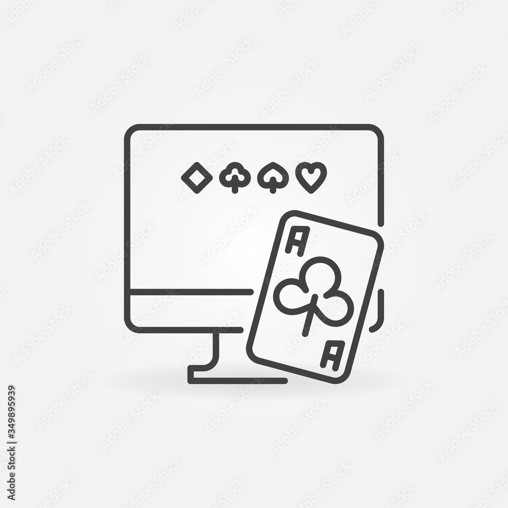 Computer with Playind Card outline icon. Vector Online Poker concept symbol in thin line style Computer with Playind Card outline icon. Vector Online Poker concept symbol in thin line style