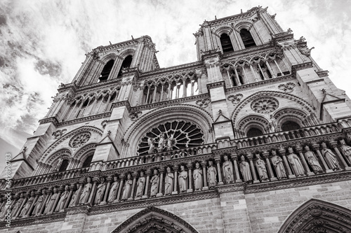 The facade of Notre Dame cathedral, Paris, France