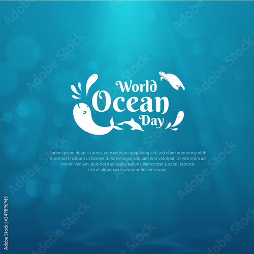 World oceans day design with underwater ocean, dolphin, whale and turtle. World oceans day event