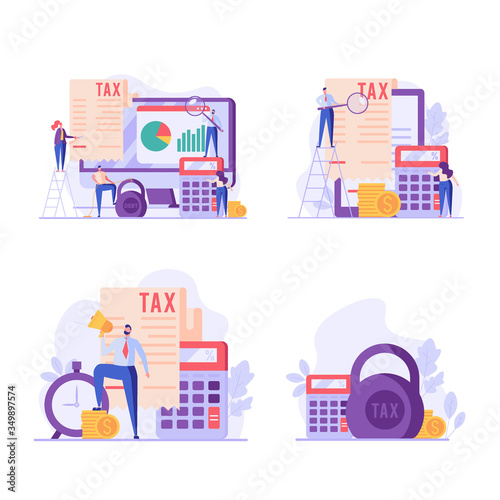 People pay taxes with calculator. Financial administration service. Set of financial management, debt, duty, audit and accounting. Vector illustration in flat design for UI, banner, mobile app