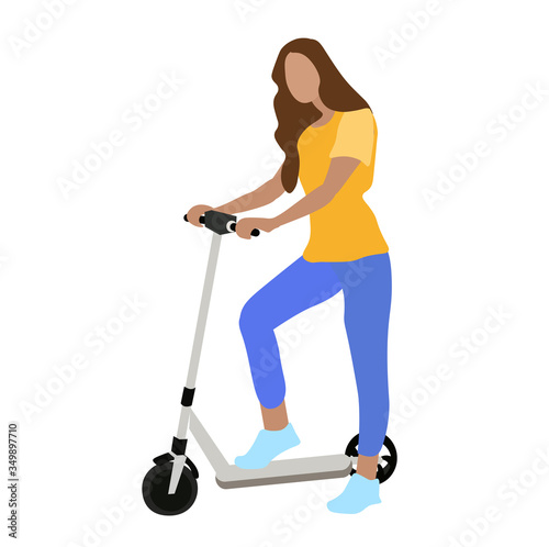 Vector stock illustration of a girl on an electric scooter a Fun ride of a person around the city. Movement, active lifestyle on the street. Sports, active lifestyle, leisure, entertainment. Isolated