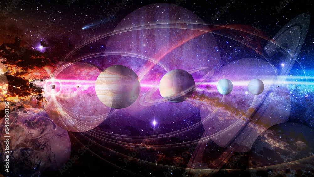 Dream of space concept. Collage of planets and galaxy in a starry sky. Elements of this image furnished by NASA.