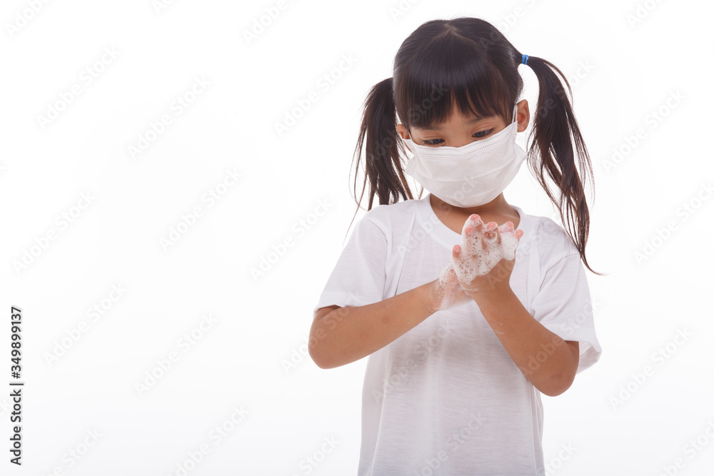 child washing hands and showing soapy palms.on white background child washing hands and showing soapy palms.on white background