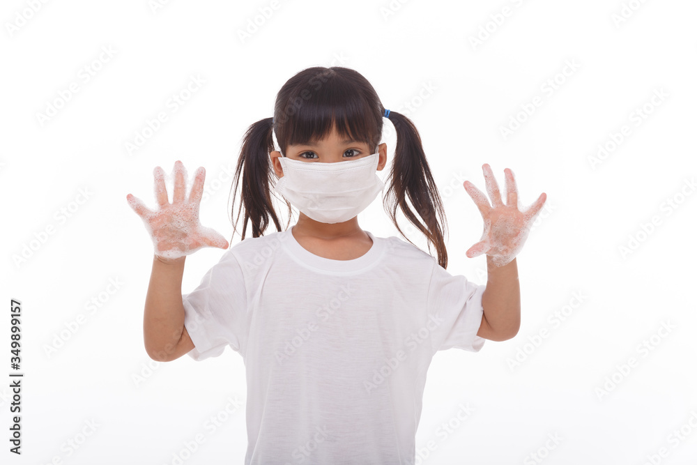 child washing hands and showing soapy palms.on white background child washing hands and showing soapy palms.on white background