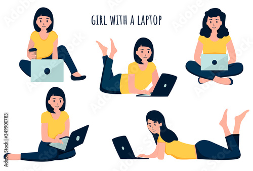 girl with a laptop. Flat style. Vector illustration. eps
