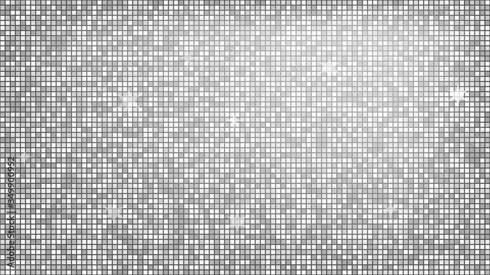 Abstract background silver mosaic. Background foil metallic texture. Festive vector illustration. Mirror mosaic vector illustration. Banner element. Party backdrop. Christmas banner. Disco decoration.