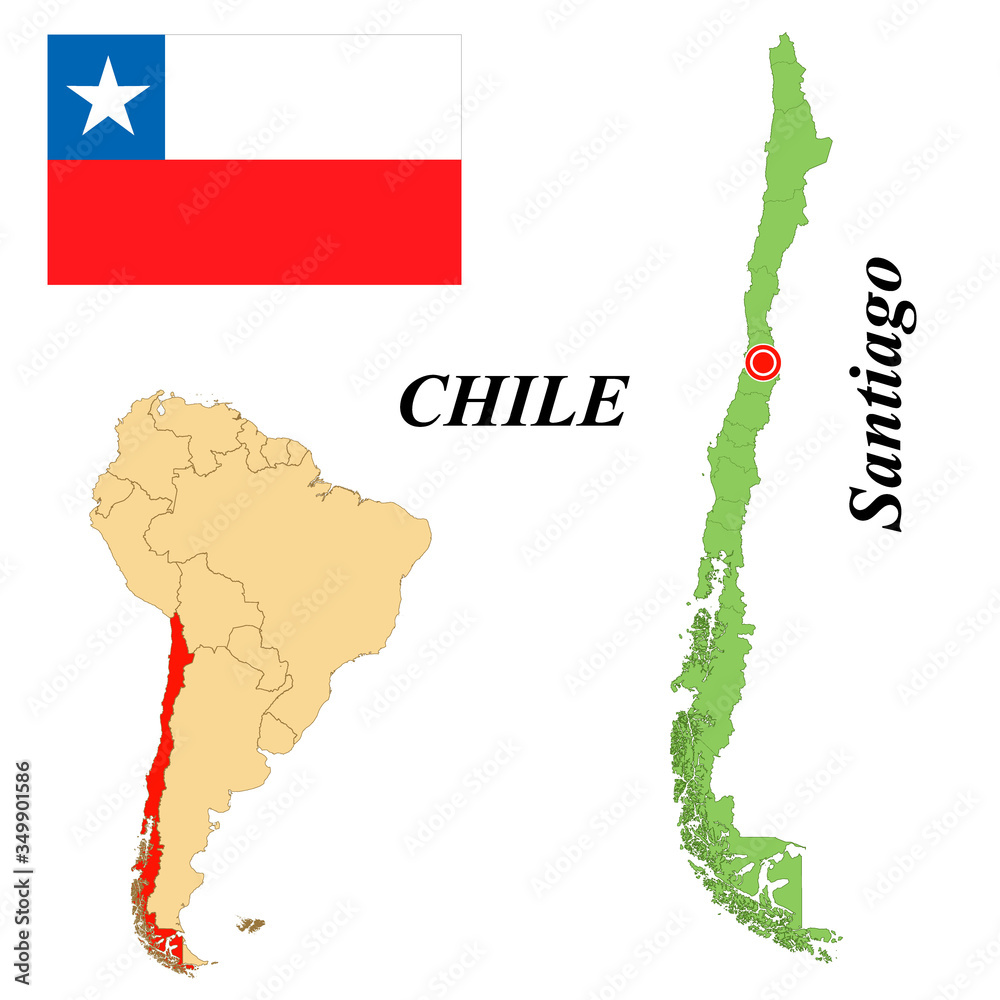 Republic of Chile. The Capital Is Santiago. Flag Of Chile. Map of the  continent of South America with country borders. Vector graphics. Stock  Vector | Adobe Stock