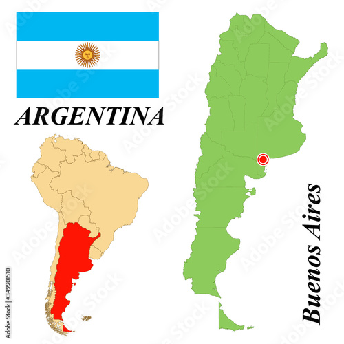 Argentine Republic. The Capital Is Buenos Aires. Flag Of Argentina. Map of the continent of South America with country borders. Vector graphics.