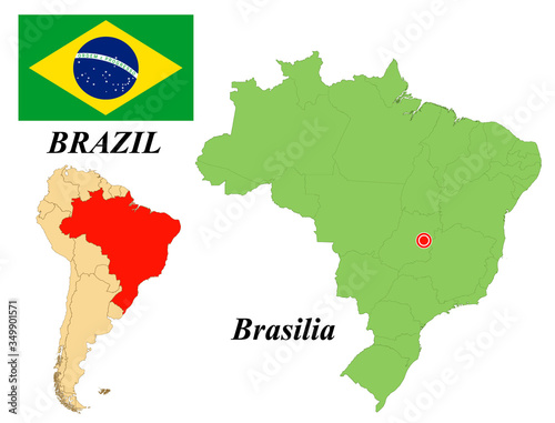 Federal Republic Of Brazil. The Capital Is Brasilia. Flag Of Brazil. Map of the continent of South America with country borders. Vector graphics.
