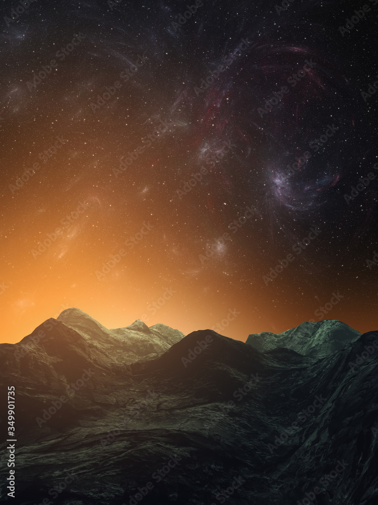 surreal space landscape, starry sky above mountains at night, 3d illustration