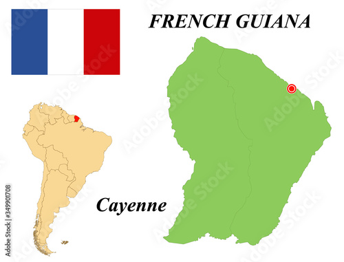 Dependent territory of French Guiana. The Capital Is Cayenne. Flag Of French Guiana. Map of the continent of South America with country borders. Vector graphics.