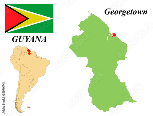 Cooperative Republic Of Guyana. The Capital Is Georgetown. Flag Of Guyana. Map of the continent of South America with country borders. Vector graphics.