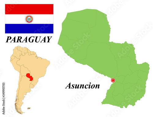 Republic of Paraguay. The Capital Is Asuncion. Flag Of Paraguay. Map of the continent of South America with country borders. Vector graphics.