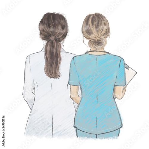 Young female Doctor and Nurse side by side, medical professionals. Hand drawn illustration in crayon style
