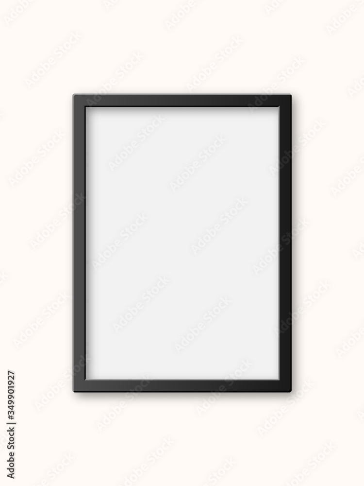 Realistic black plastic picture frame isolated on white background