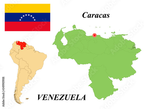 The Bolivarian Republic Of Venezuela. The Capital Is Caracas. Flag Of Venezuela. Map of the continent of South America with country borders. Vector graphics.