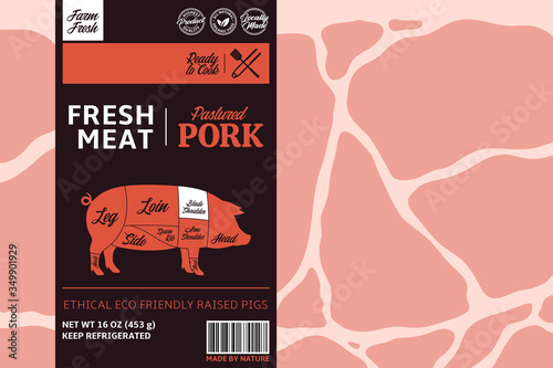 Vector pork label design. Pig icon. Meat background. American (US) cuts of pork diagram
