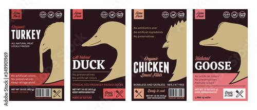 Vector butcher's shop poultry modern style labels. Chicken, duck, turkey and goose icons