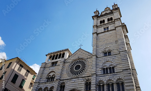 View of the exterior of the Genoa Cathedral (Cattedrale di San Lorenzo) in Genoa, Italy