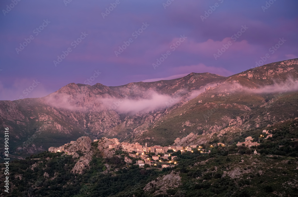 Dusk over the village of Speloncato in Corsica