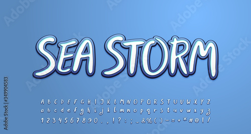 Sea storm alphabet white and gray-blue colors. Uppercase and lowercase letters, numbers, symbols. Vector illustration