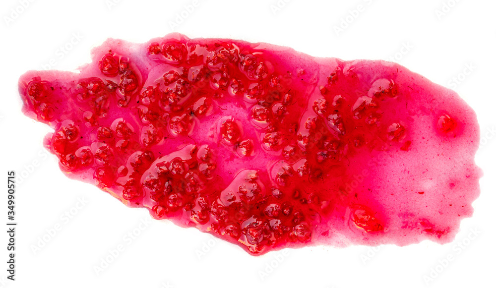 Raspberry jam  drop  isolated on white background. Fresh sweet confiture top view