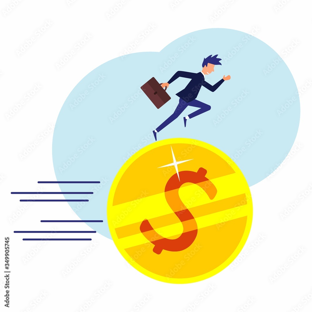 Vector illustration, businessman running on coins that are rolling, faster, grow and make money, profits, financial management concepts, symbols of successful business. Vector illustration, businessman running on coins that are rolling, faster, grow and make money, profits, financial management concepts, symbols of successful business.