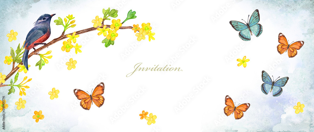 Fototapeta premium invitation banner with butterflies and pretty bird sitting on twig of blossom wild currant bush with yellow little flowers. watercolor painting