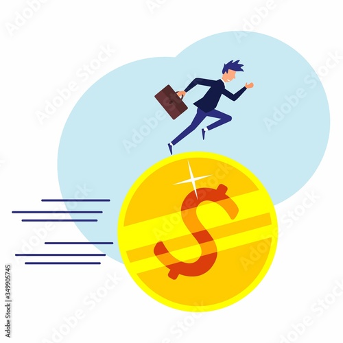 Vector illustration, businessman running on coins that are rolling, faster, grow and make money, profits, financial management concepts, symbols of successful business.