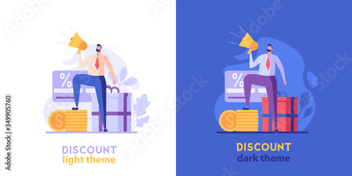 Sales manager attracts clients with gift. Discount program with light and dark background. Concept of shopping, loyalty program, payment credit card. Vector illustration for UI, web banner, mobile app